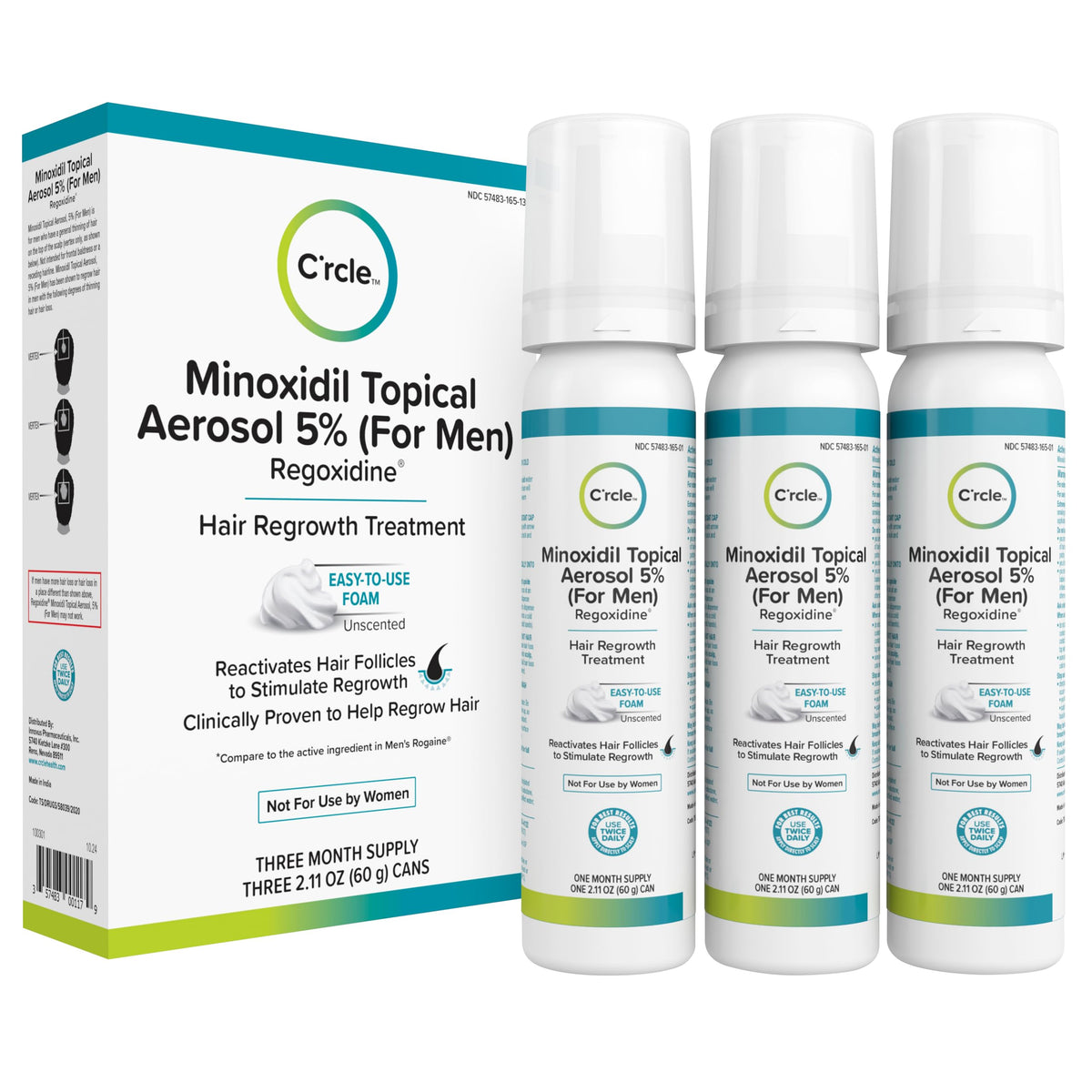 C'rcle front package view showing unscented 5% foam and three-month supply benefit