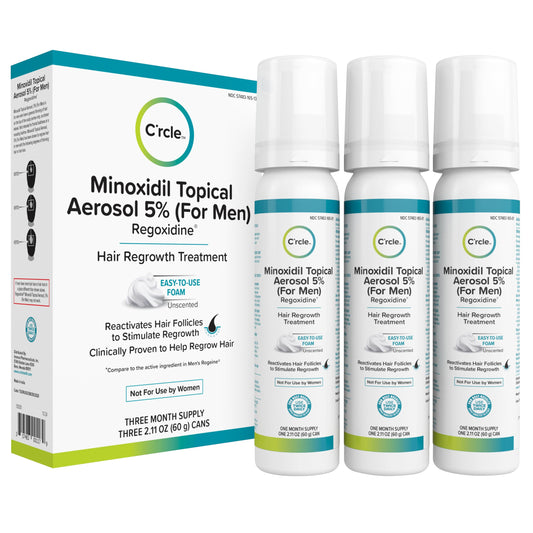 C'rcle front package view showing unscented 5% foam and three-month supply benefit
