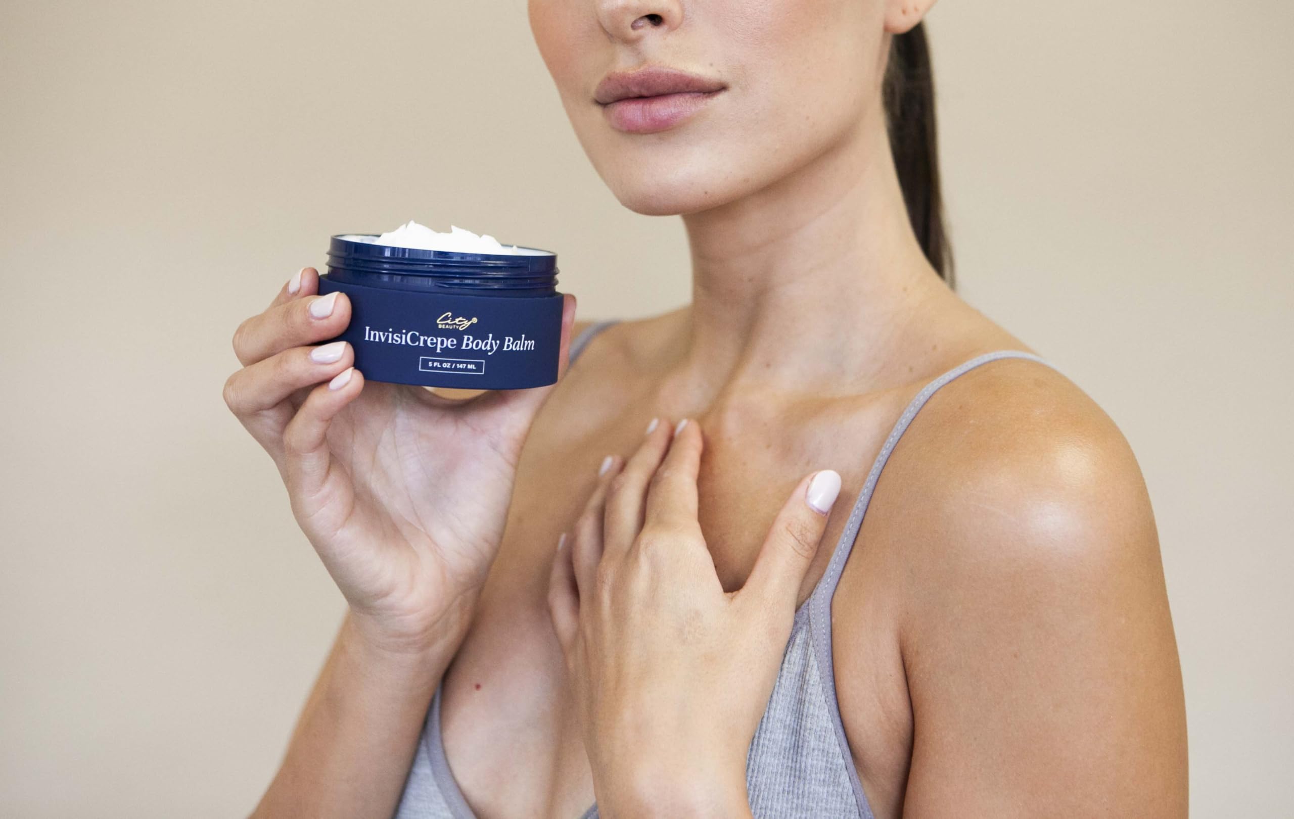 City Beauty applied to neck demonstrating smoothing and hydration benefits