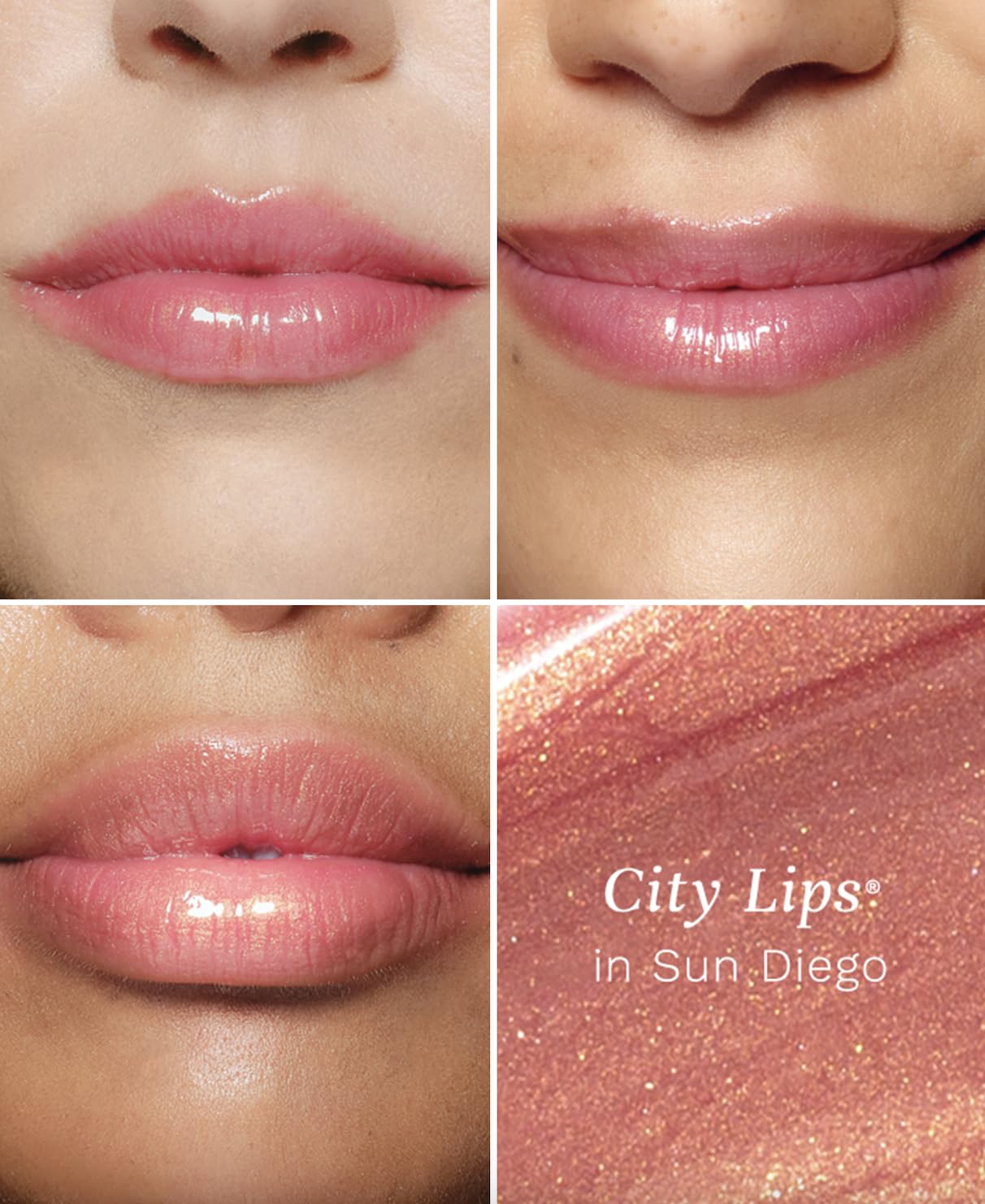 City Beauty City Lips swatch on arm showing Sun Diego shimmer and instant glow
