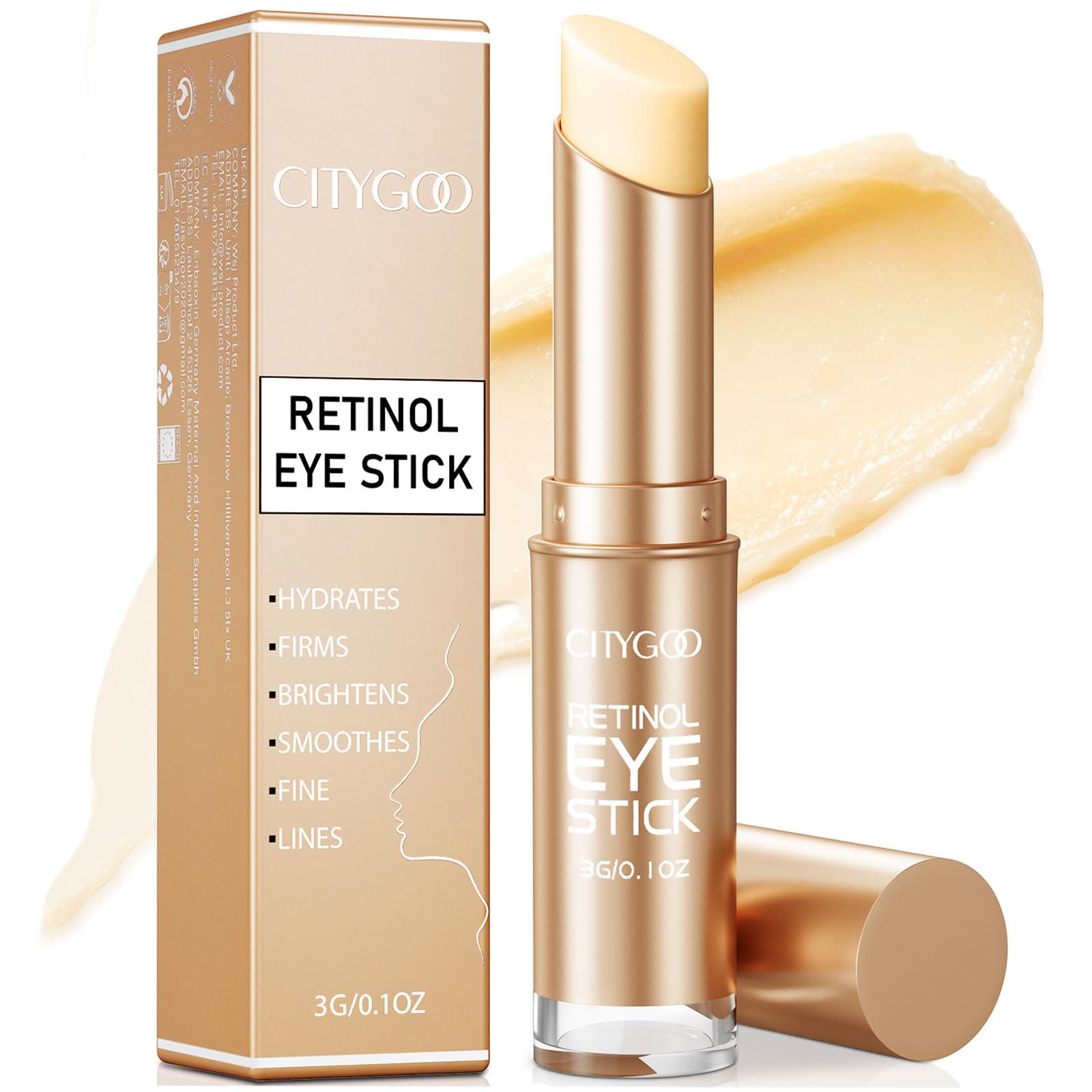 CITYGOO eye stick front view showing gold tube and portable design benefit
