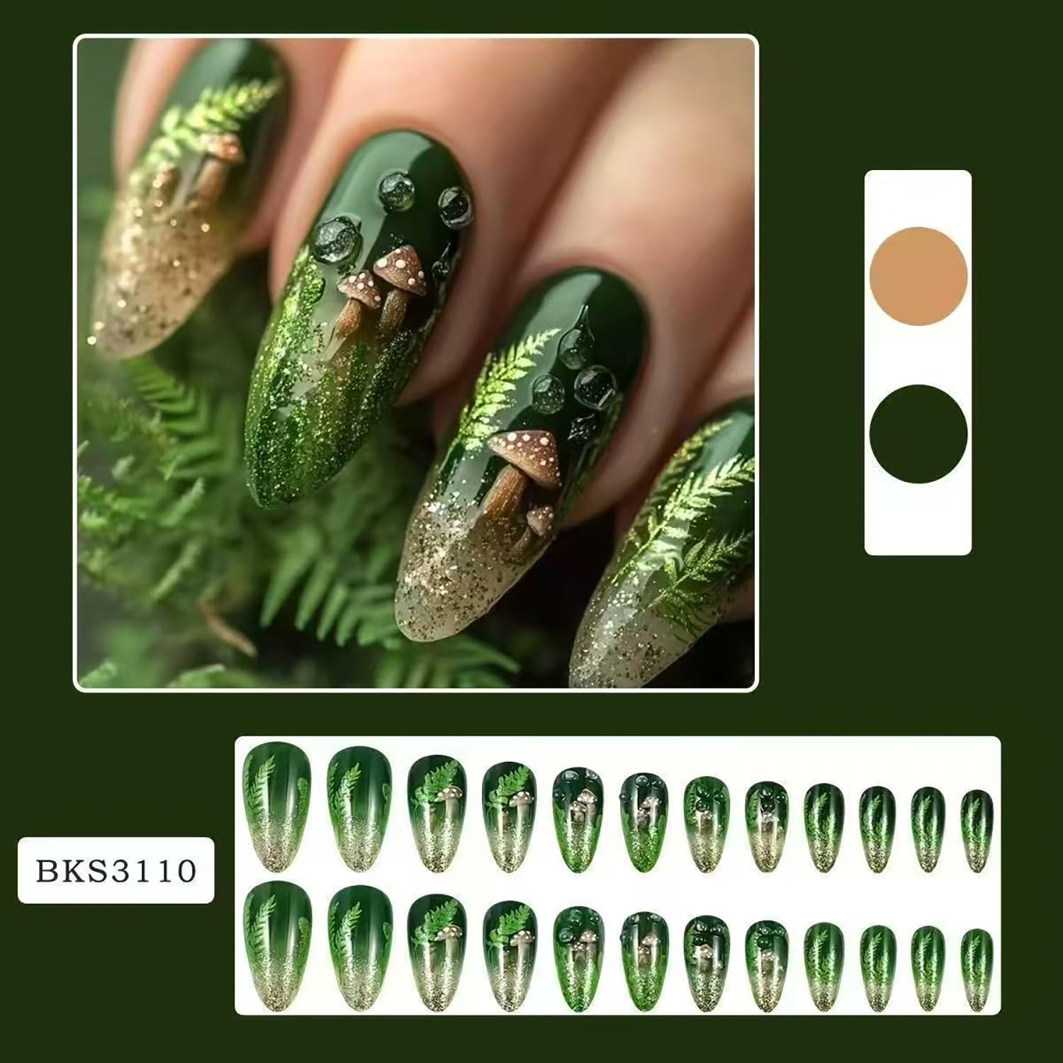 CJDLTS close-up of grass and mushroom nail art highlighting intricate details