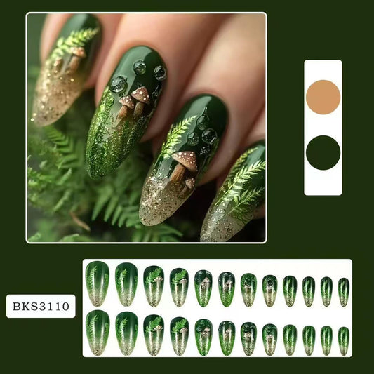 CJDLTS close-up of grass and mushroom nail art highlighting intricate details