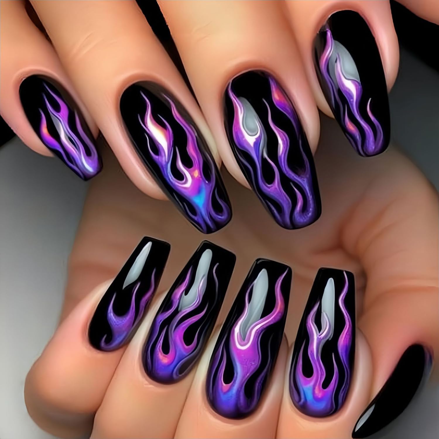 CJDLTS front packaging showing purple flame press-on set and glossy finish benefit