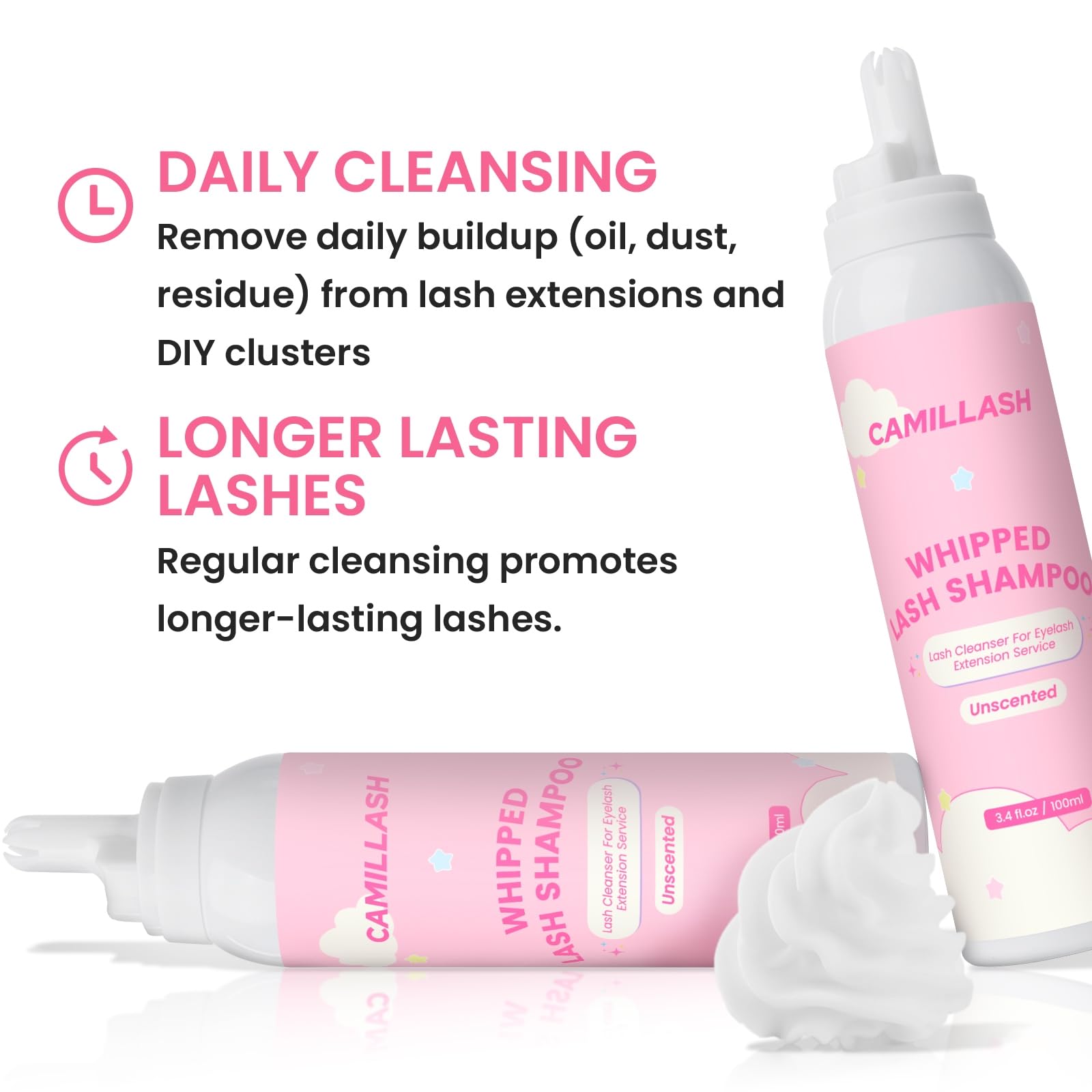 CL CAMILLASH foam applied to lash brush for precise extension cleaning and residue removal