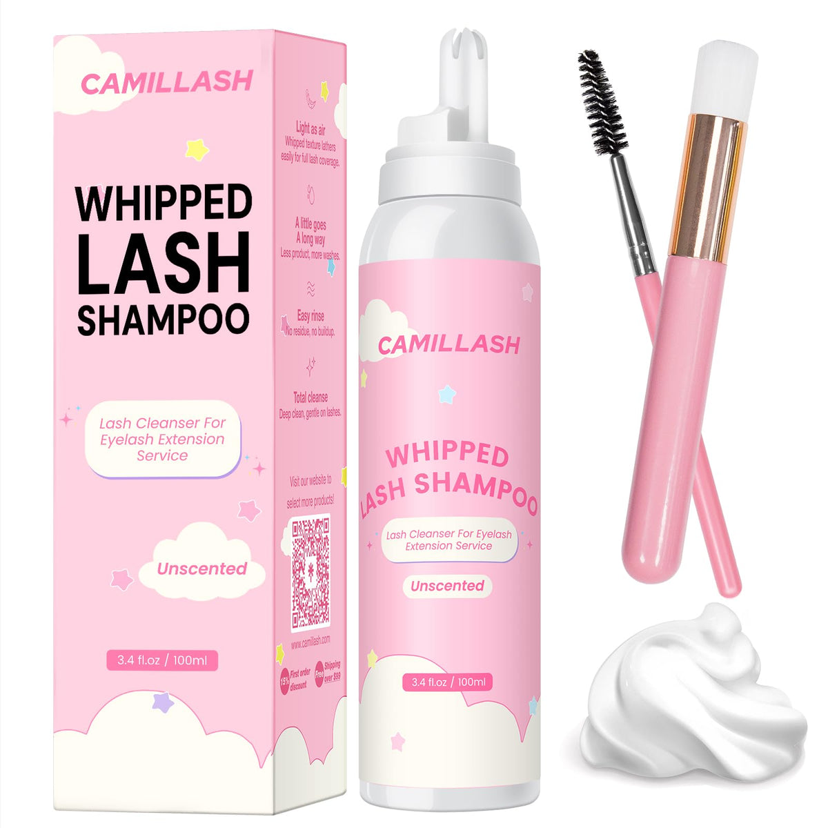 CL CAMILLASH front packaging showing unscented whipped lash shampoo bottle and benefit