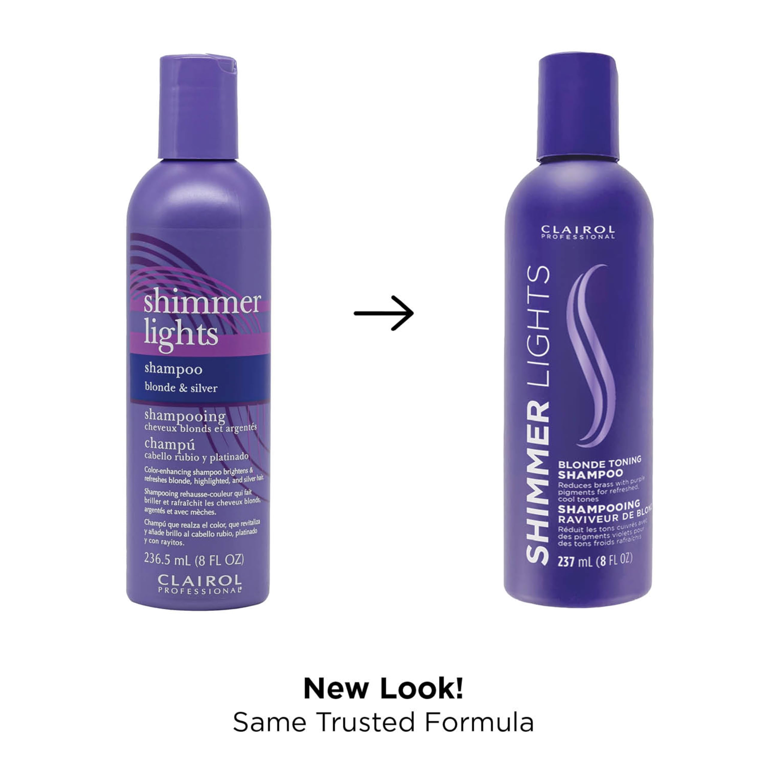 Clairol Shimmer Lights shampoo pouring to show violet texture and toning benefit