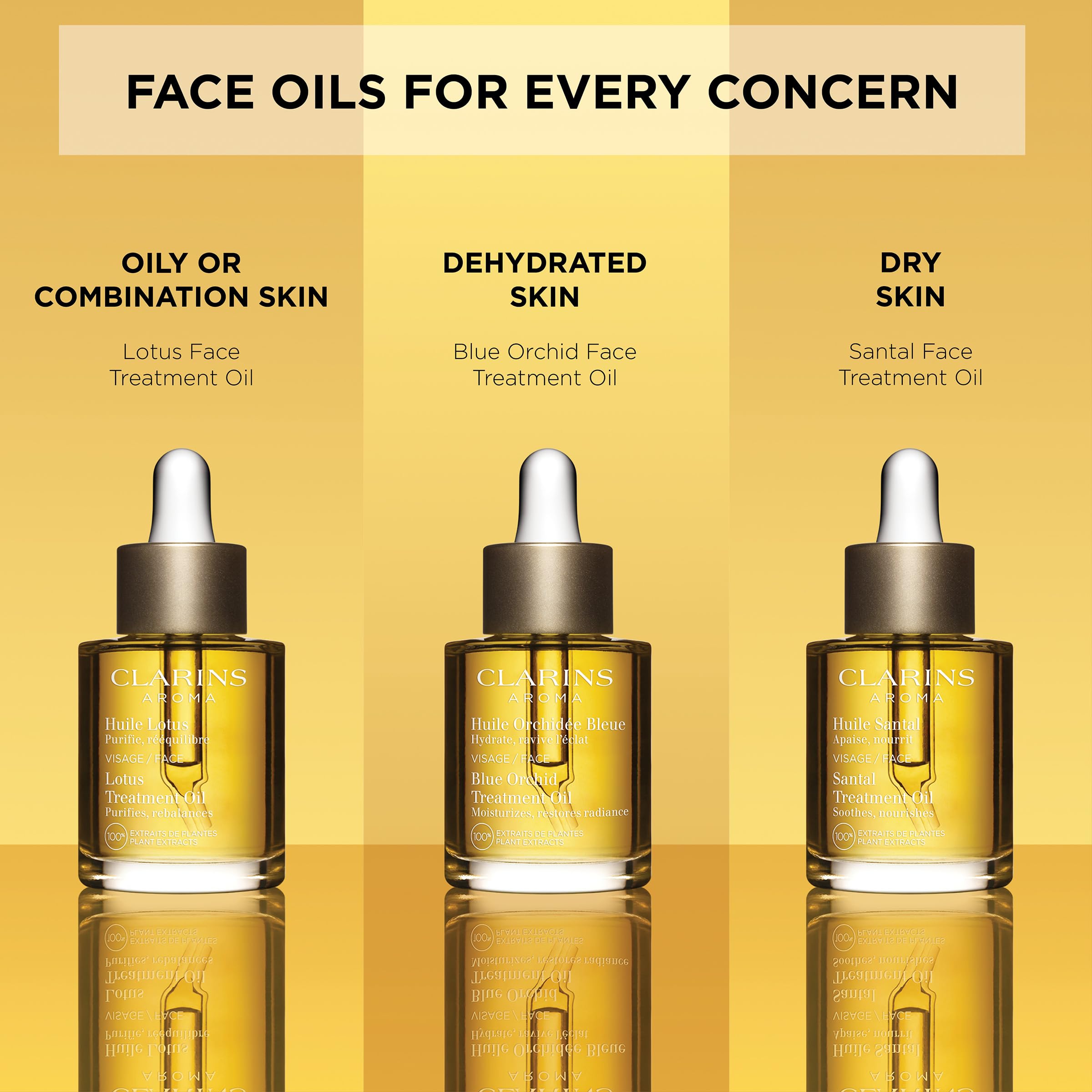 CLARINS model applying oil to face demonstrating easy layering and instant glow benefit