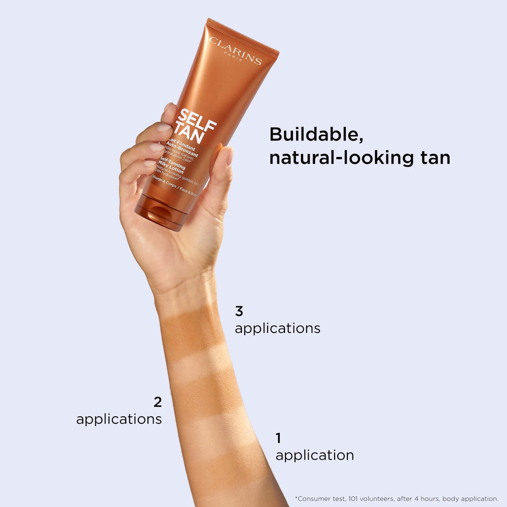Clarins being smoothed on forearm to show streak-free, even color result