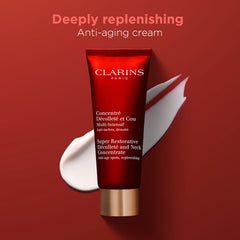 Clarins concentrate being smoothed onto a model's neck demonstrating targeted firming benefit