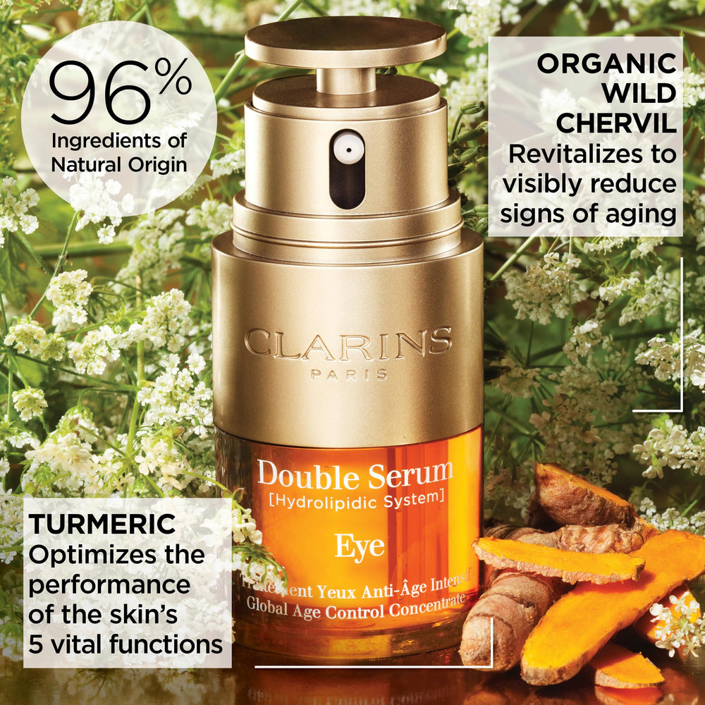 Clarins Double Serum Eye pump dispensing a small drop for controlled, waste-reducing application