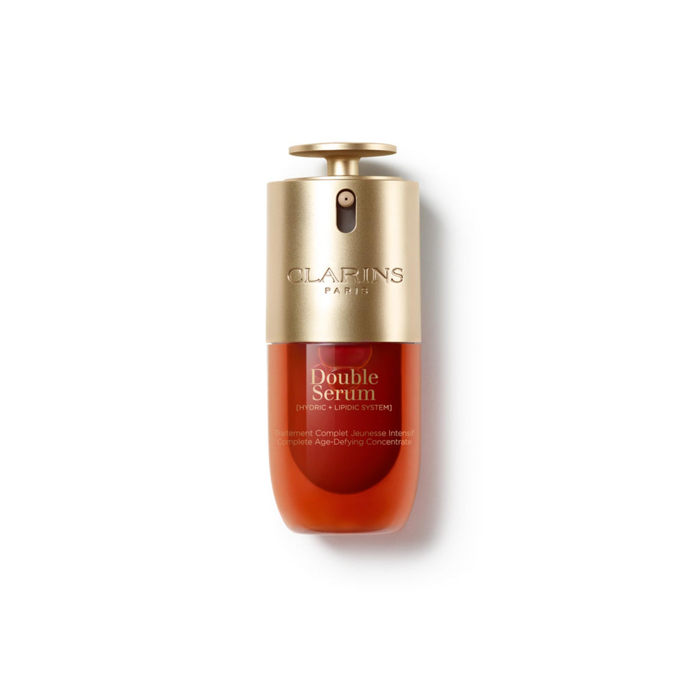 Clarins Double Serum front bottle showing sleek packaging and anti-aging benefit