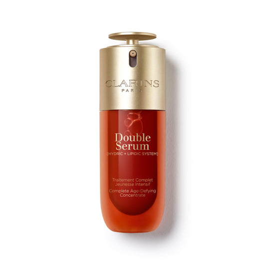 Clarins Double Serum front bottle showing premium design and anti-aging benefits