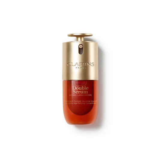 Clarins Double Serum front bottle showing sleek packaging and anti-aging benefit