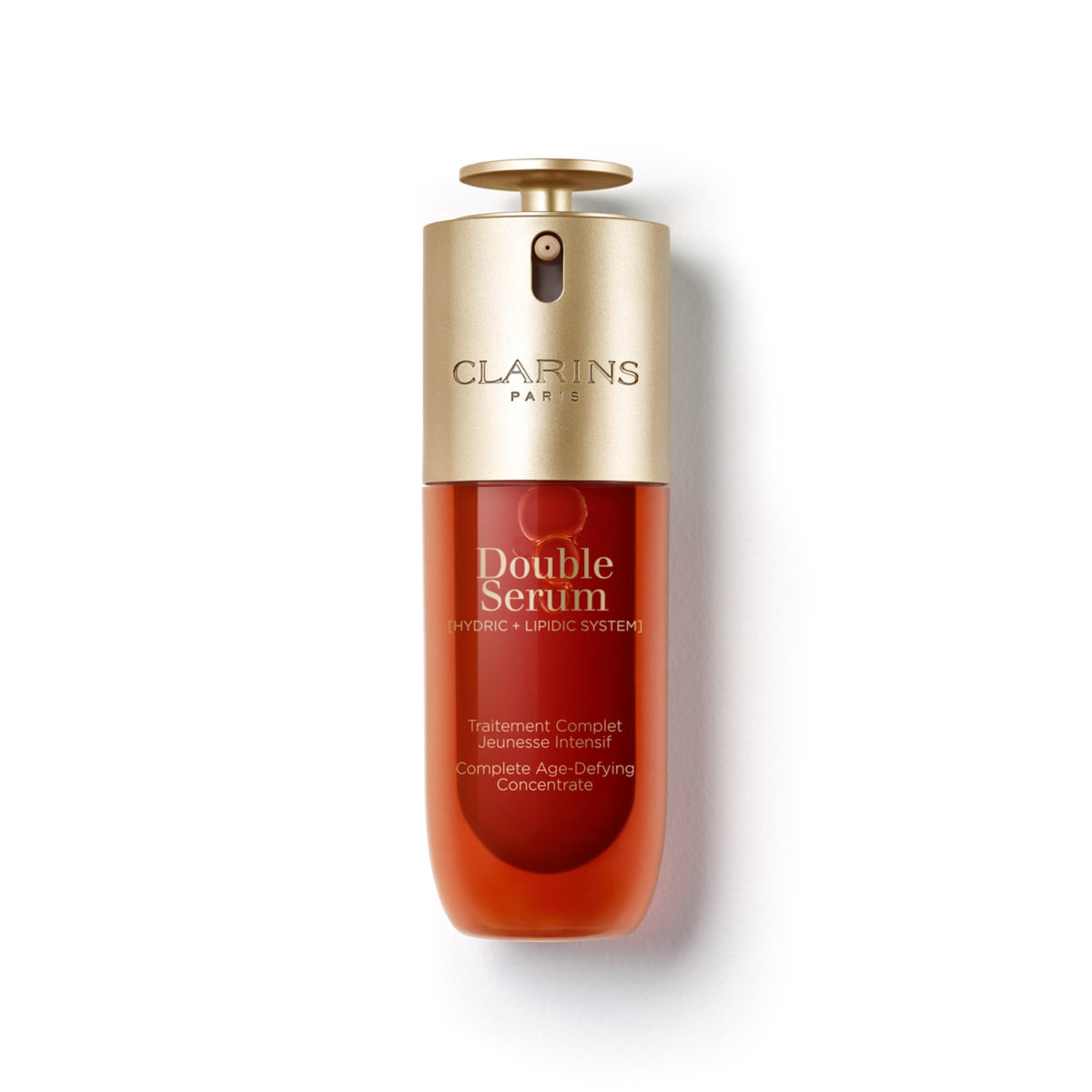 Clarins Double Serum front bottle showing sleek design and dermatologist-tested benefit