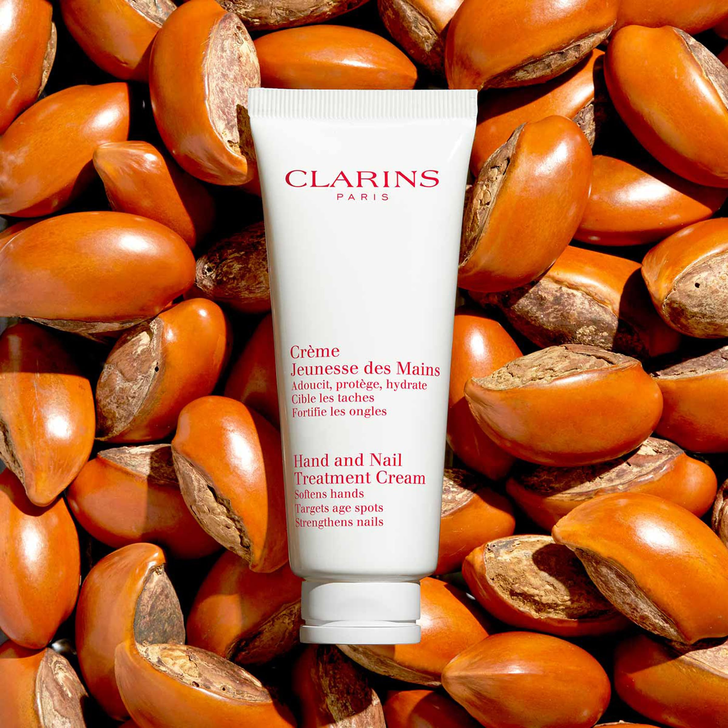 Clarins ingredient label with plant extracts emphasizing natural-nourish benefit