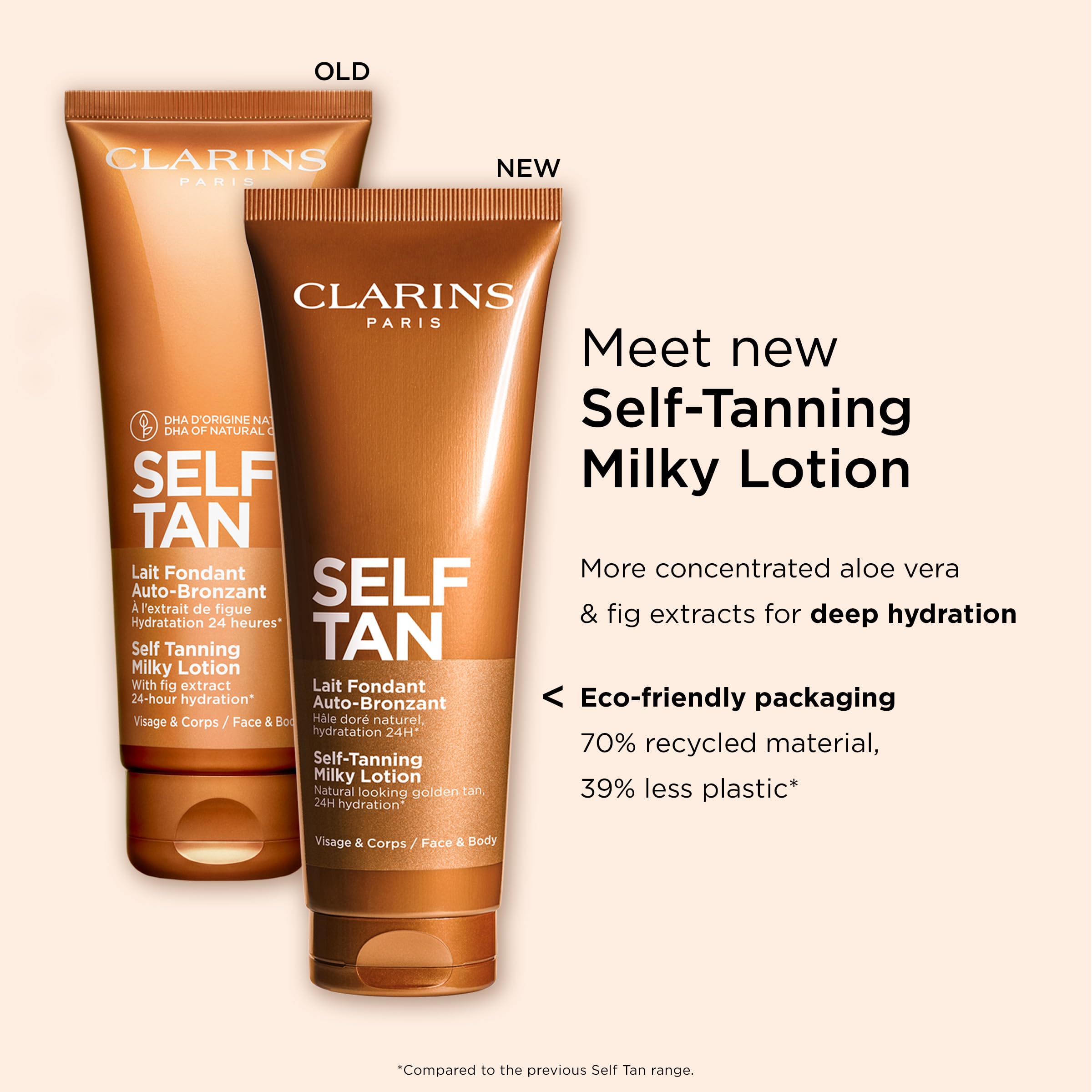 Clarins bottle in a beach bag lifestyle image showing travel-ready glow