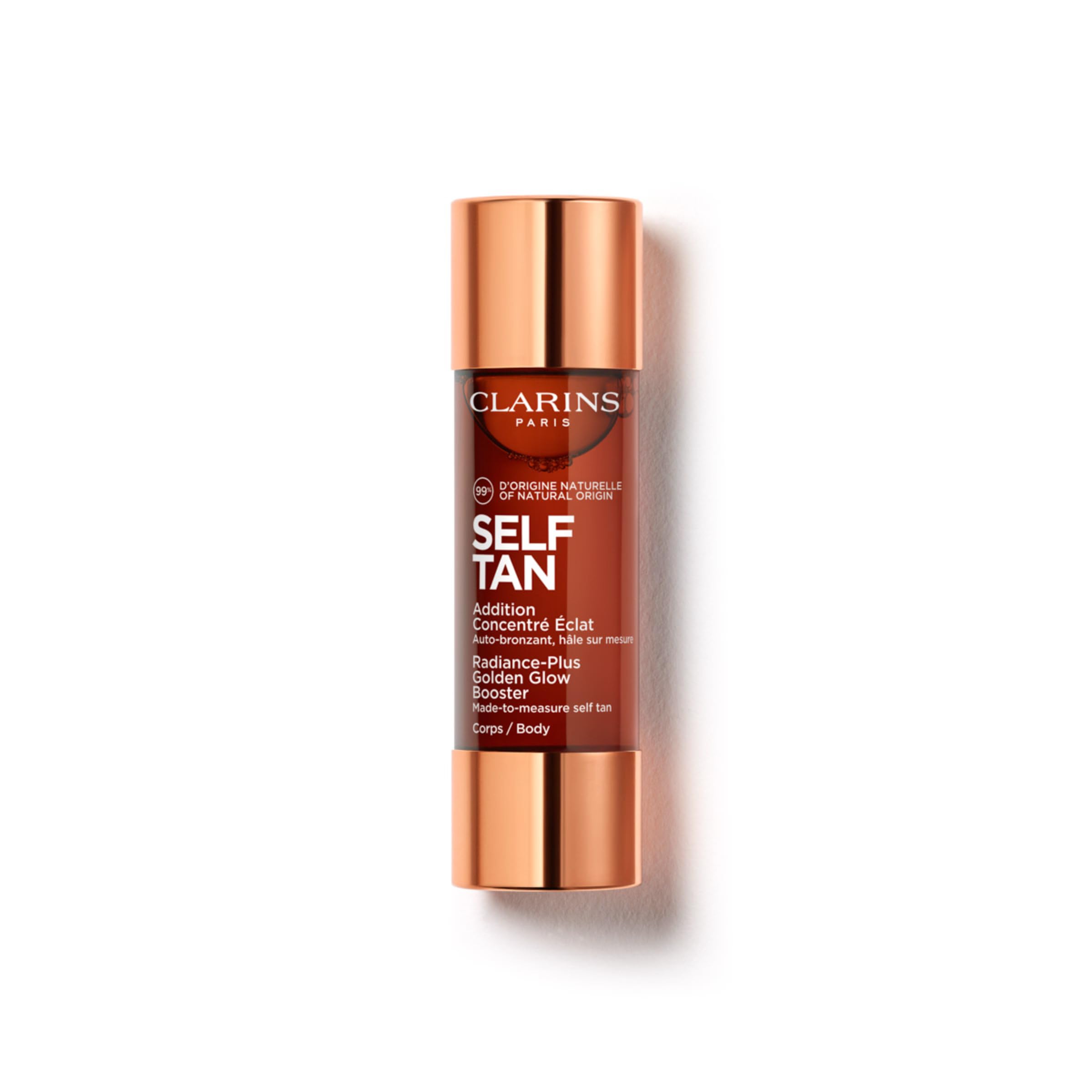 CLARINS bottle front view showing sleek tan booster and brand clarity