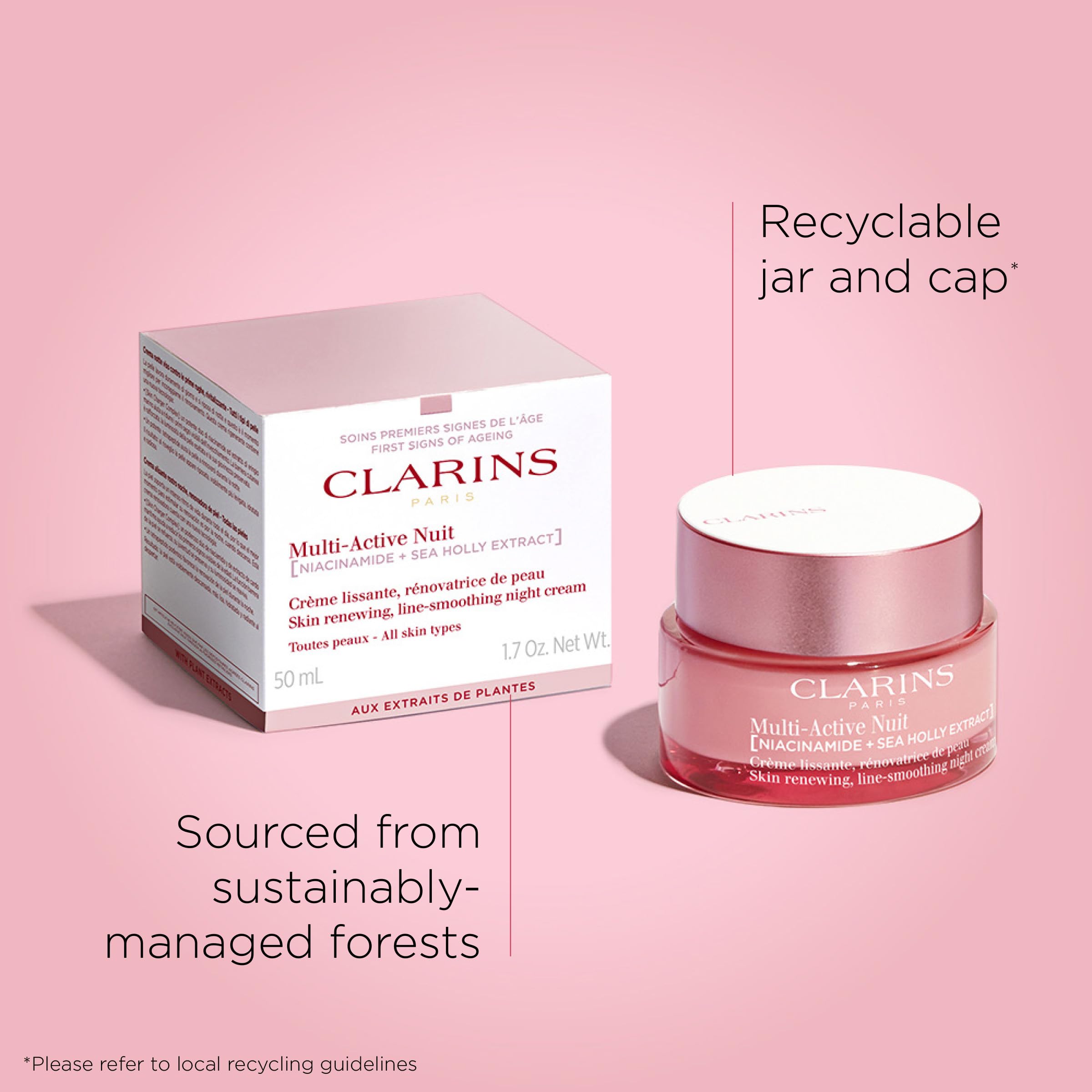 CLARINS size scale beside hand demonstrating portable jar convenience