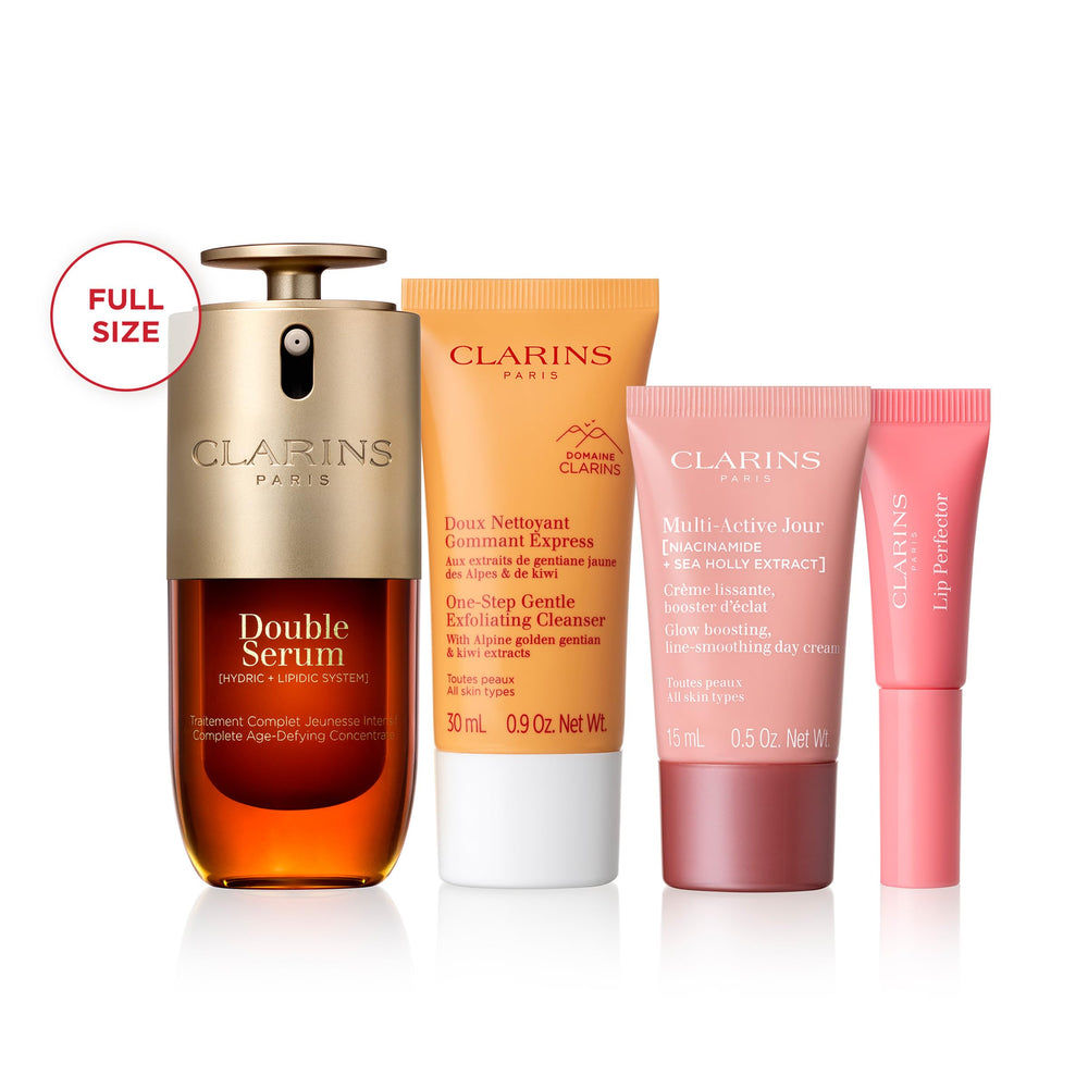 Clarins starter set box overhead view highlighting Amazon-exclusive selection benefit