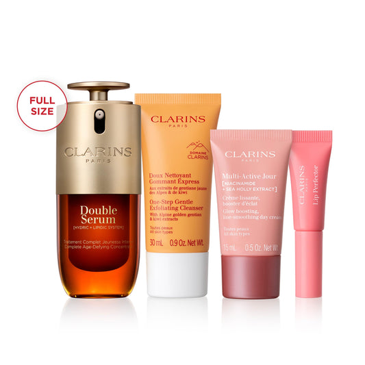 Clarins starter set box overhead view highlighting Amazon-exclusive selection benefit