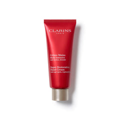 Clarins Super Restorative Hand Cream tube front view shows packaging and benefits