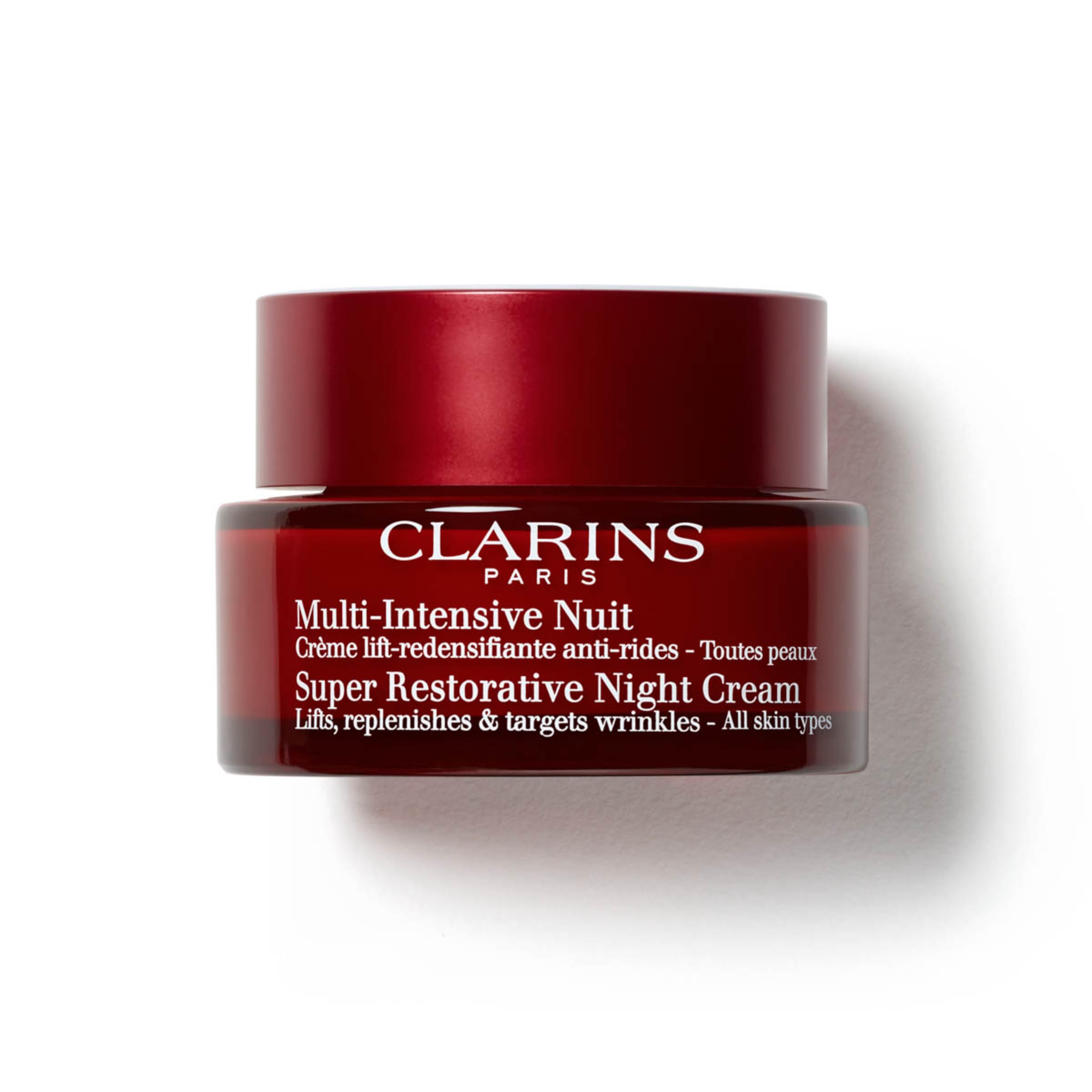 Clarins jar front view showing product and elegant packaging benefit: clear brand presentation