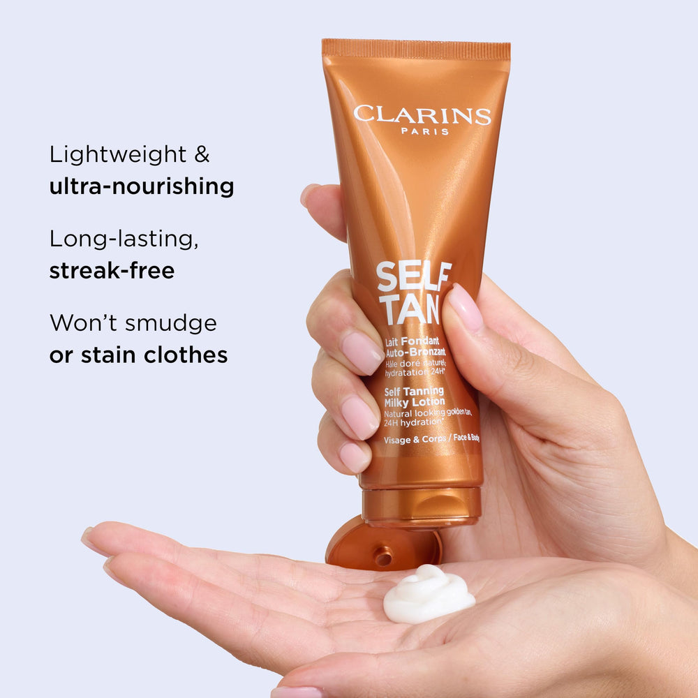 Clarins milky lotion texture close-up demonstrating smooth blendability benefit