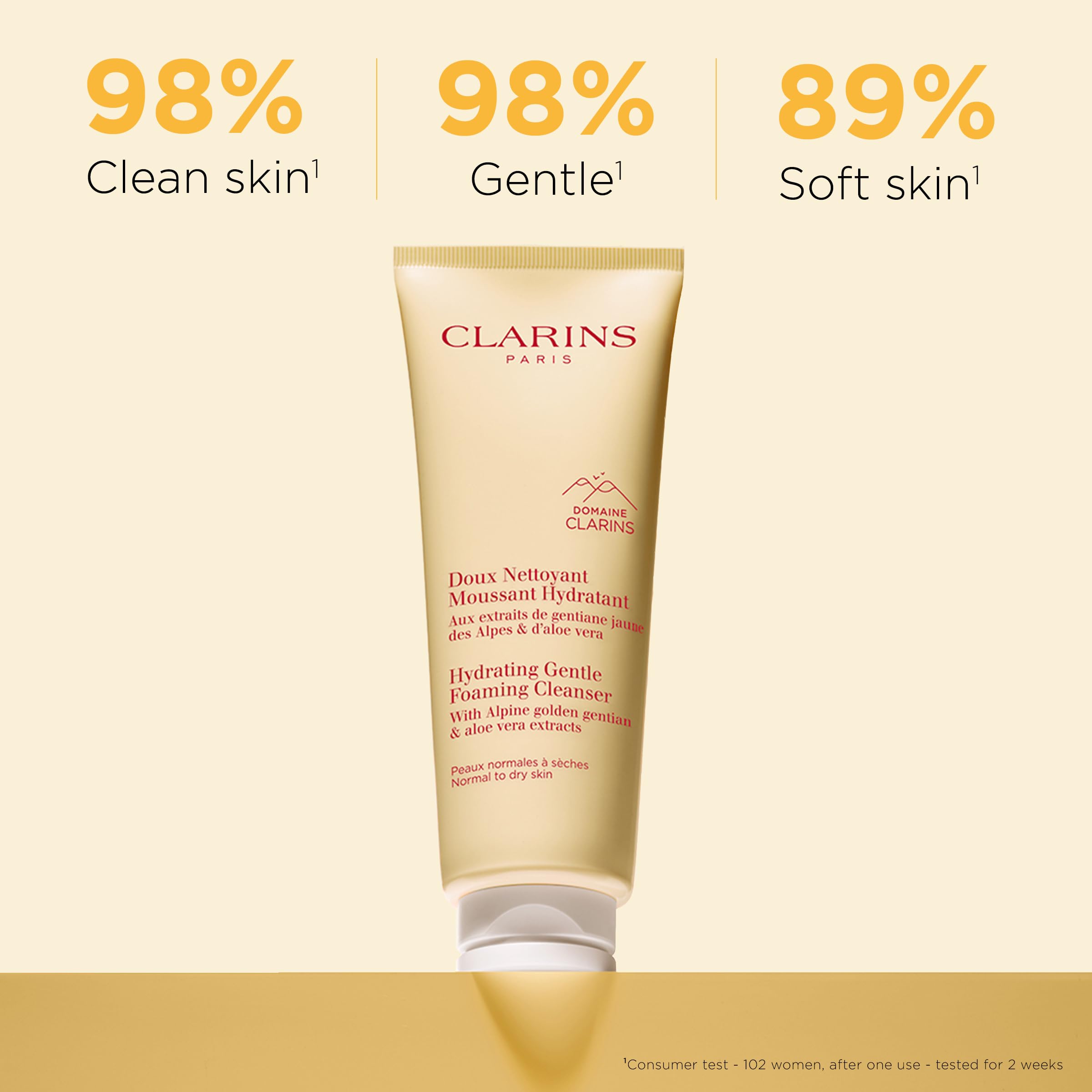 Clarins tube dispense showing foam texture for gentle effective cleansing