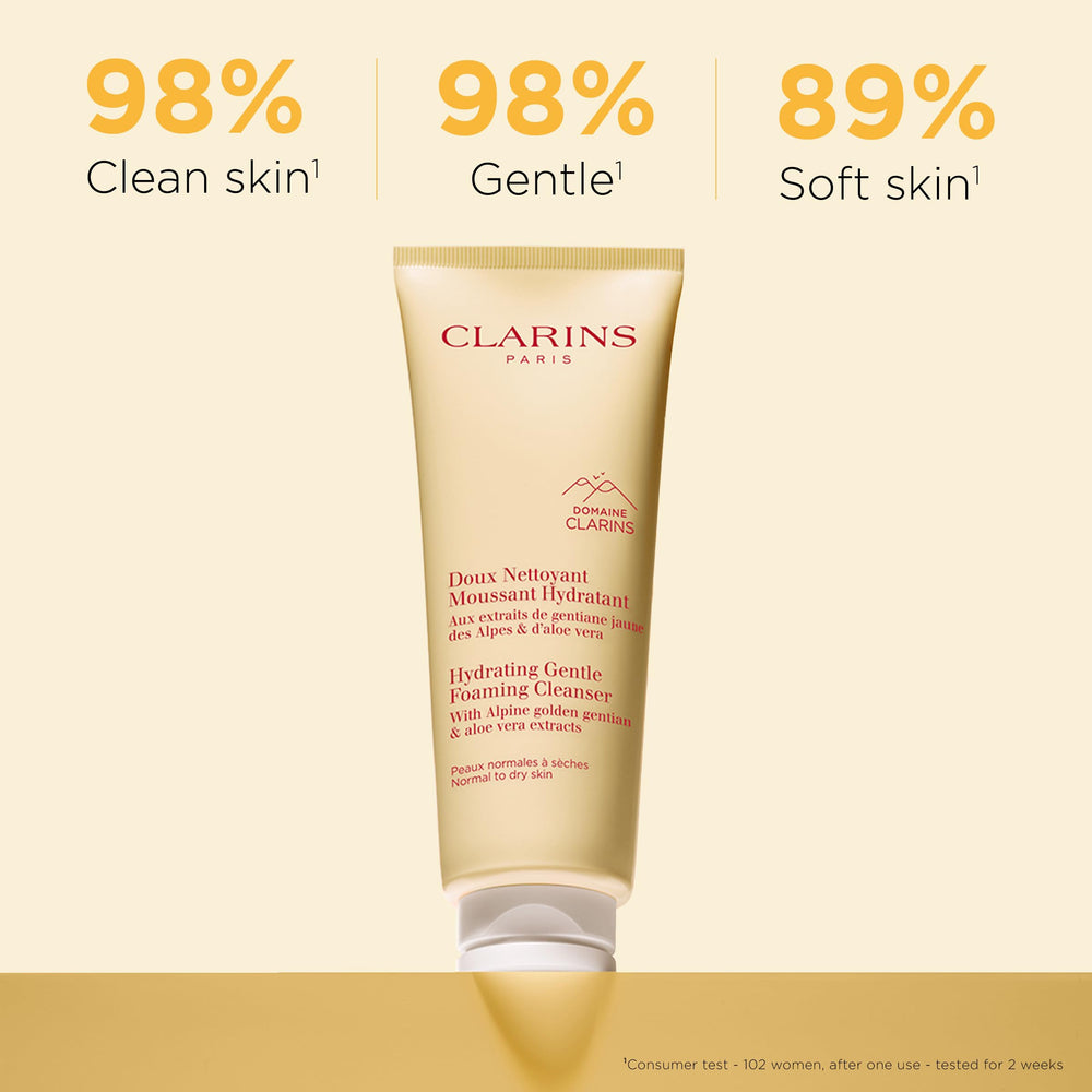 Clarins tube dispense showing foam texture for gentle effective cleansing