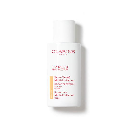 Clarins UV Plus front tube showing label and SPF 50 for clear protection benefit