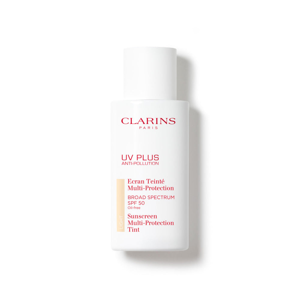 Clarins bottle front packaging showing SPF 50 and sheer finish benefits