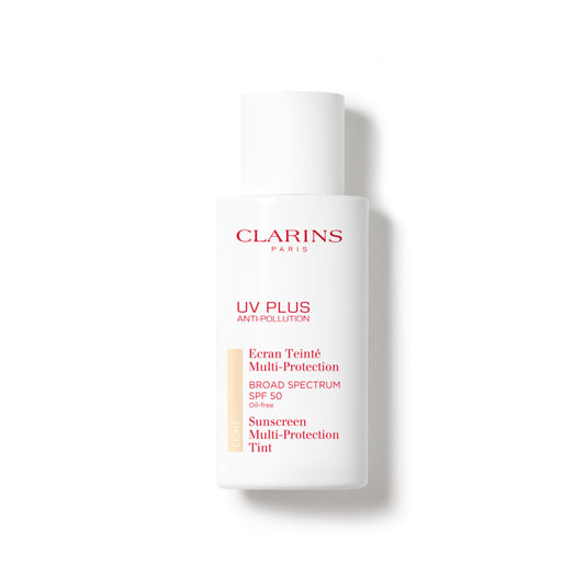Clarins bottle front packaging showing SPF 50 and sheer finish benefits
