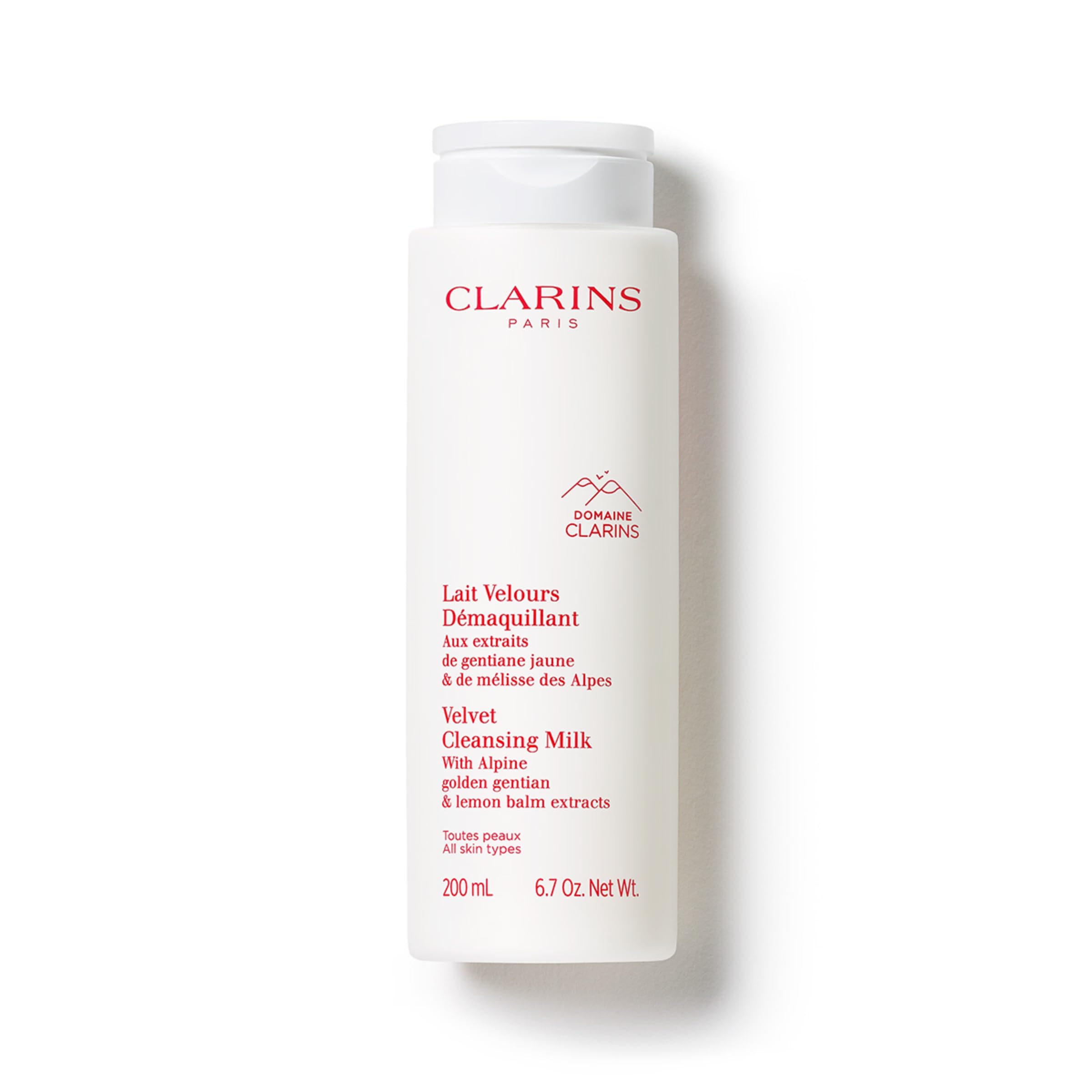 Clarins bottle front view showing label and 6.7 oz size, gentle cleansing benefit