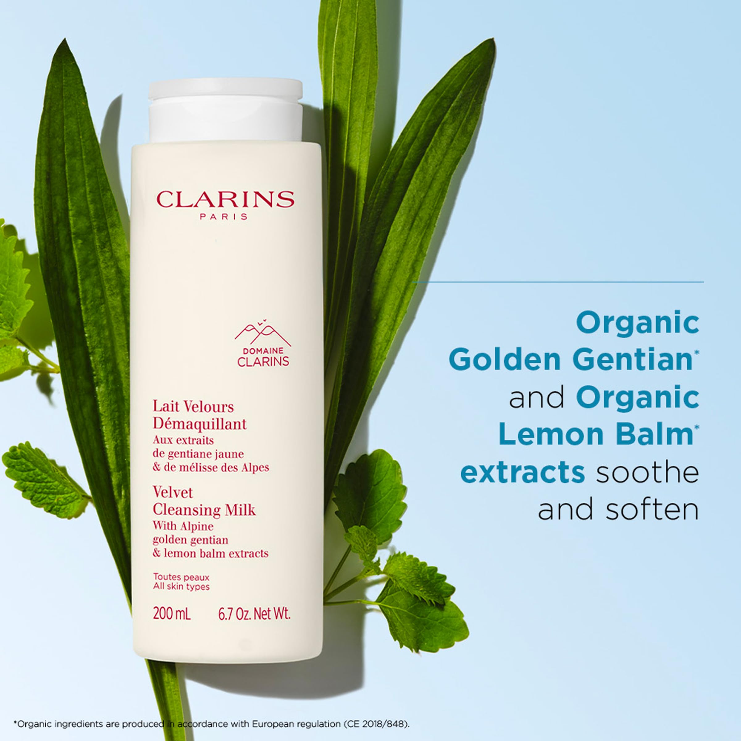 Clarins cleanser dispensing from pump showing easy application and no-rinse option