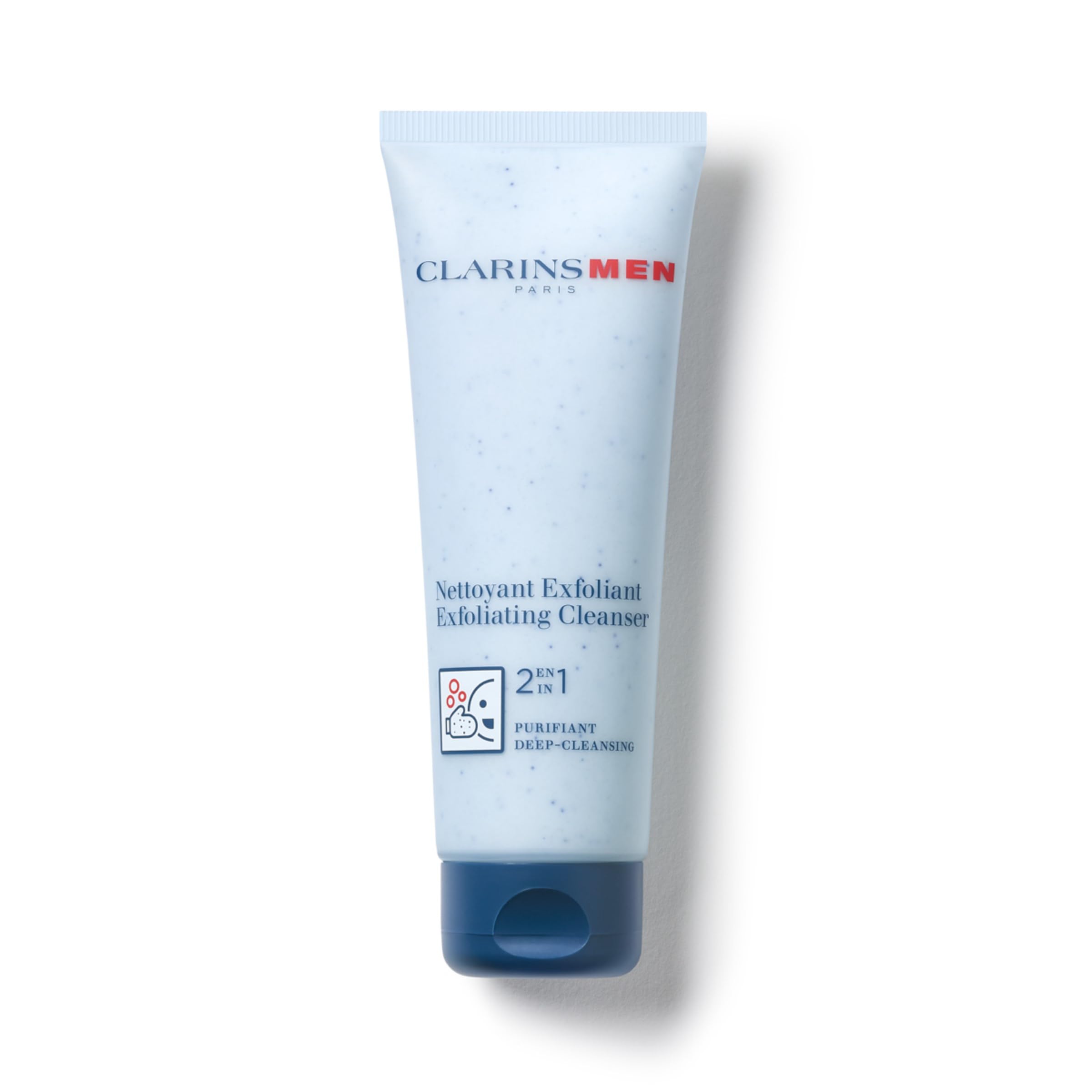CLARINS men exfoliator cleanser front tube showing label and size, clear storage benefit