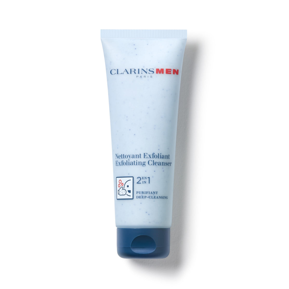 CLARINS men exfoliator cleanser front tube showing label and size, clear storage benefit