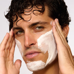 CLARINS men exfoliator cleanser foamy lather in hand, effective cleansing benefit