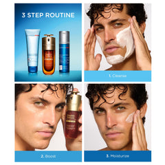 CLARINS men exfoliator cleanser held next to hand for scale, travel-ready benefit