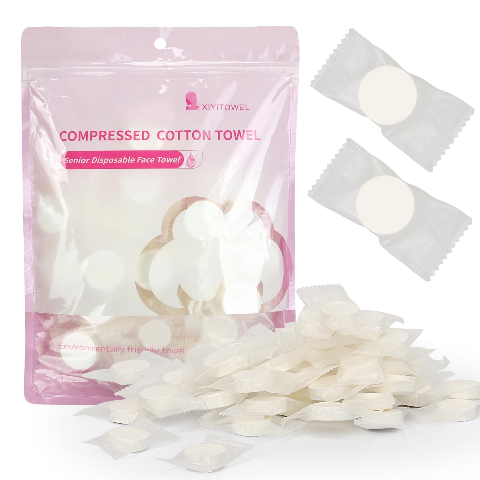 Classycoo front packaging showing 50-count compact towels, easy travel storage benefit