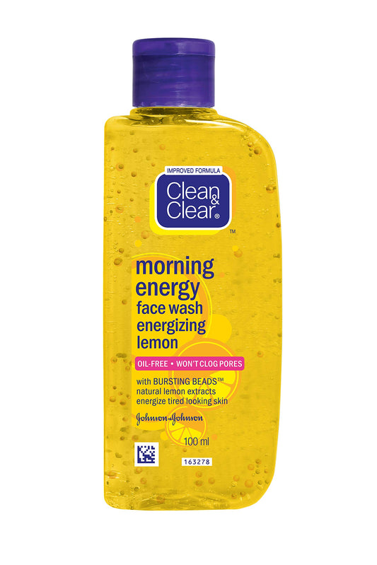 Clean & Clear front packaging showing bottle and label, energizes morning routine