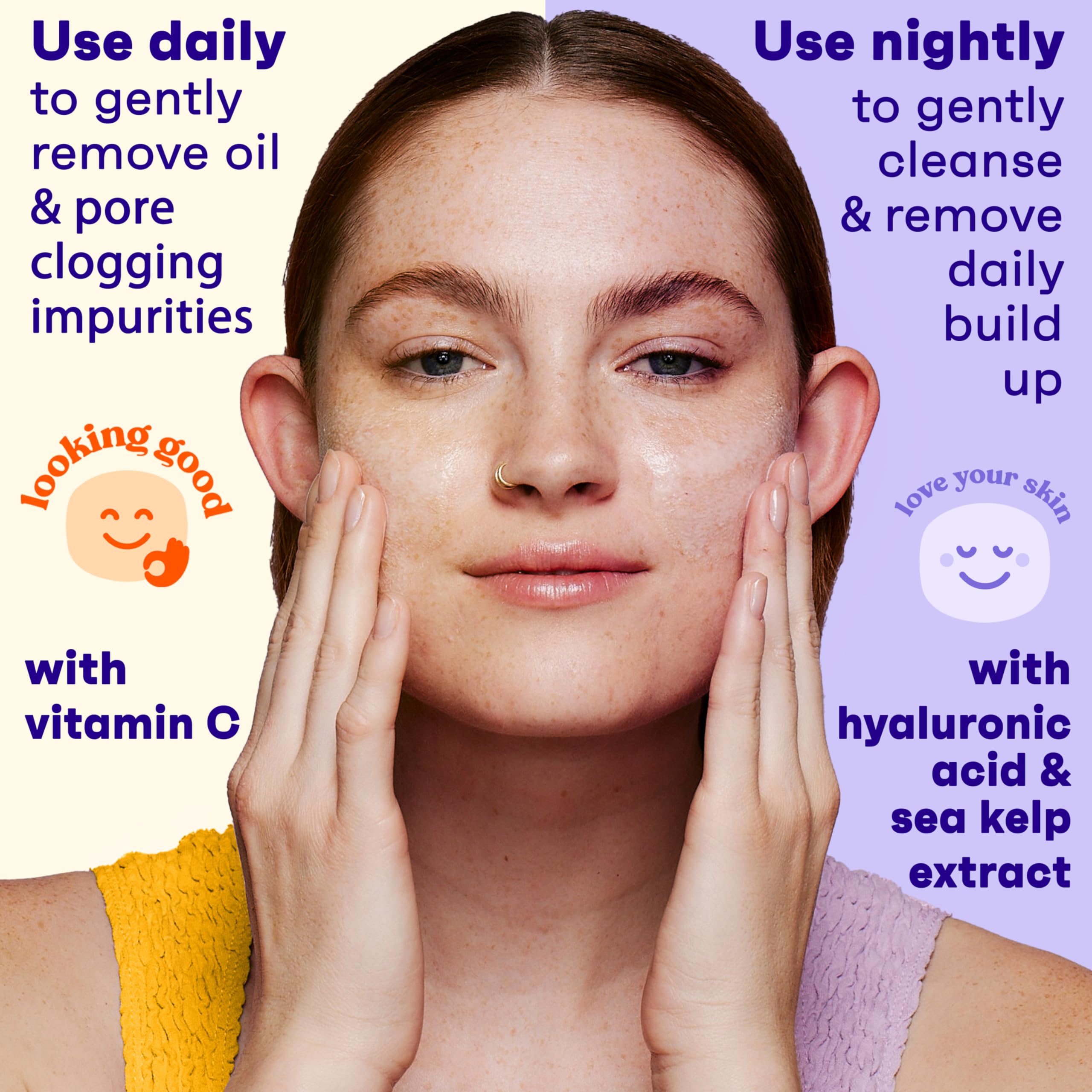 Clean & Clear Night Relaxing bottle next to a hand showing true 8 fl oz scale and ease of use