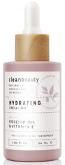 Clean Beauty front bottle view showing rose petal oil and benefits