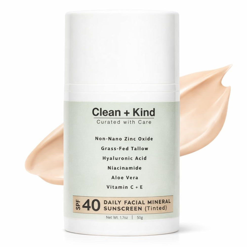 Clean + Kind front packaging showing tinted SPF 40 and benefits
