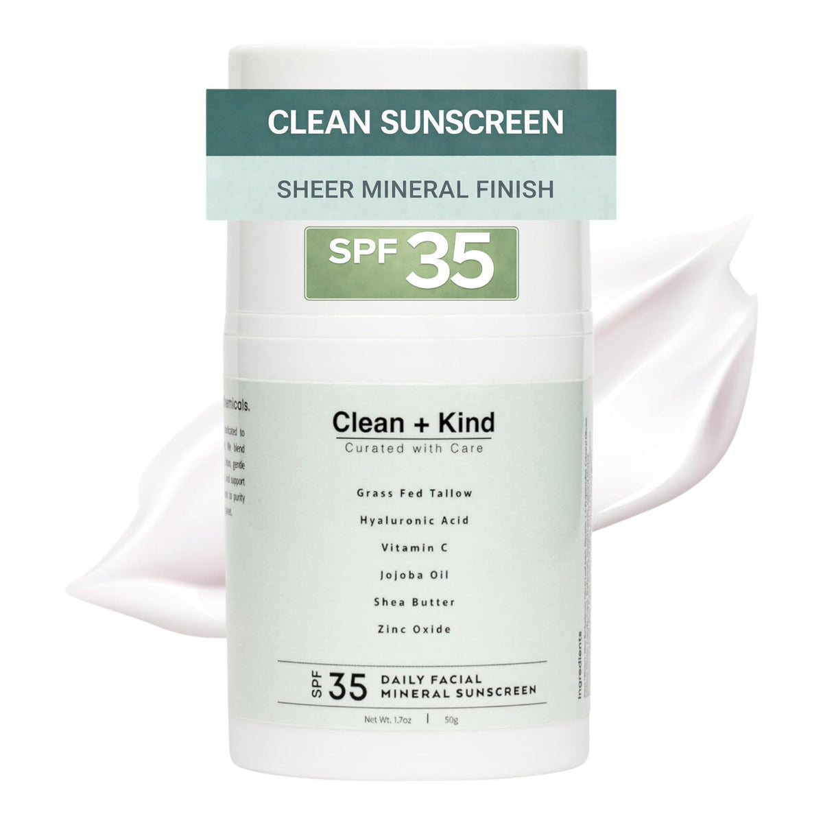 Clean + Kind front pump bottle showing compact travel-friendly design and SPF benefit