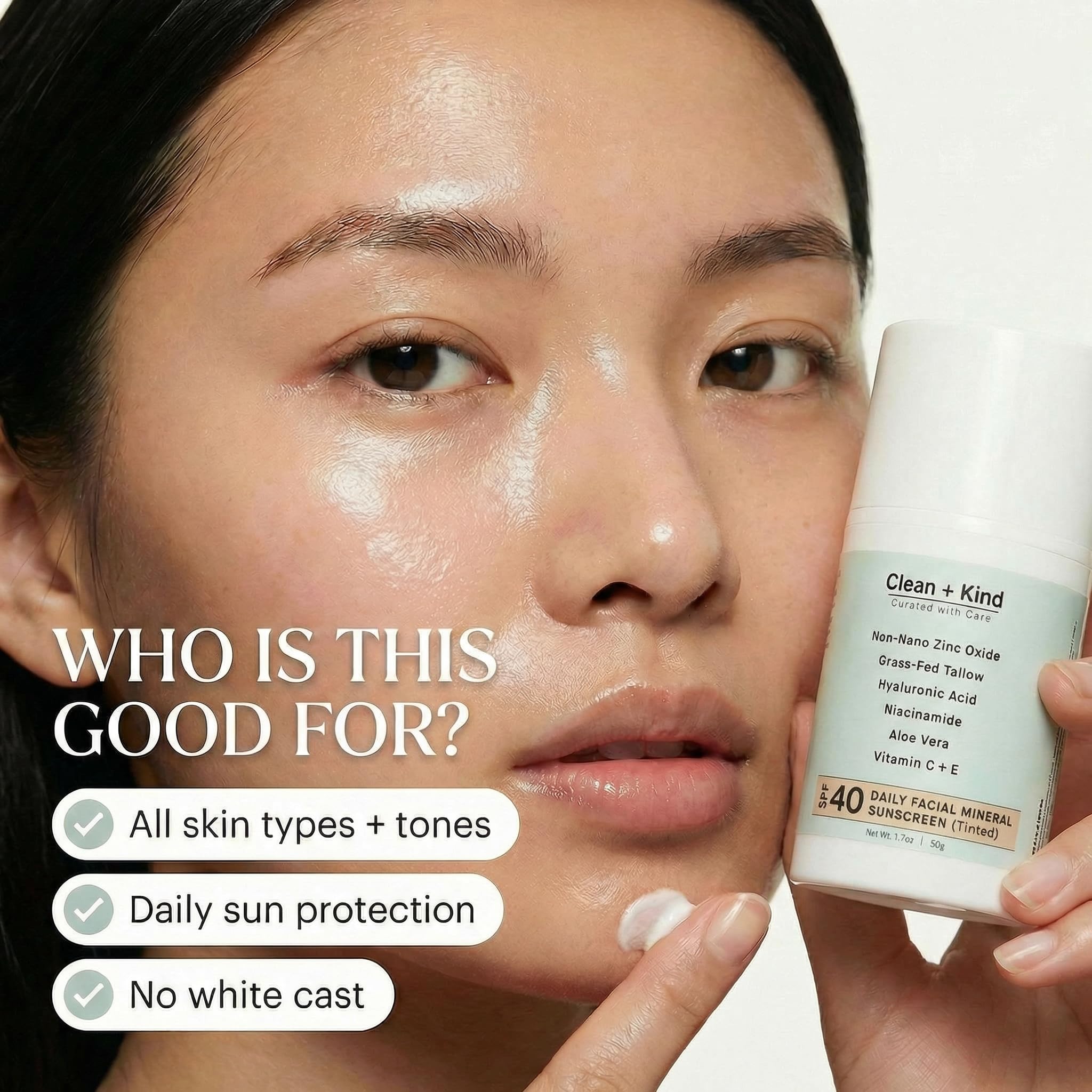 Clean + Kind bottle label detail highlighting ingredients and SPF