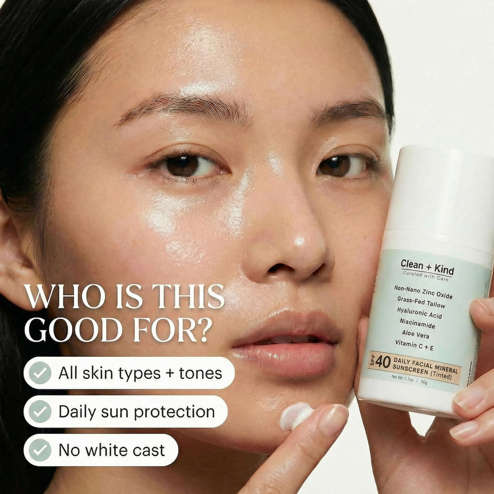 Clean + Kind bottle label detail highlighting ingredients and SPF