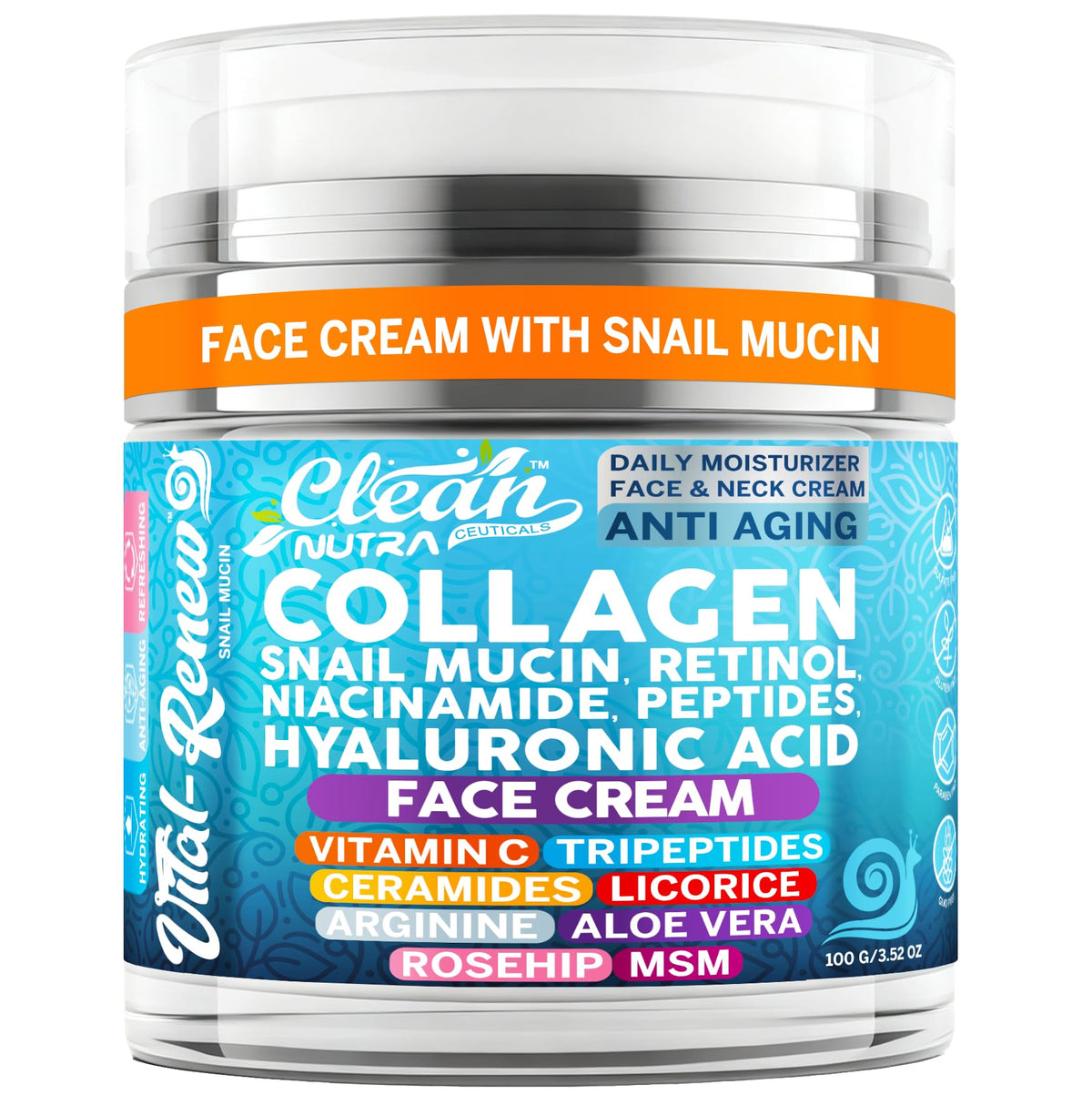 Clean Nutraceuticals front jar of Vital Renew showing packaging and brand benefits