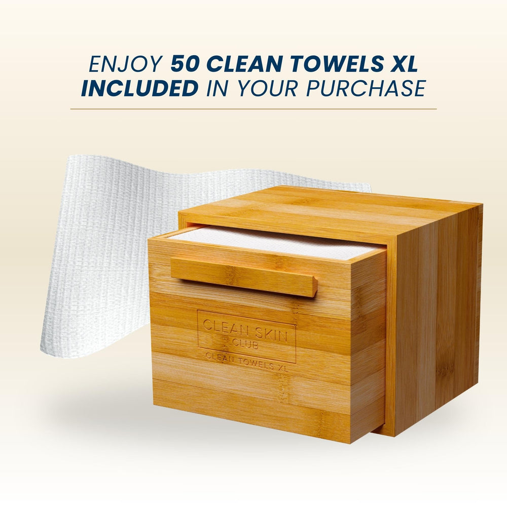 CLEAN SKIN CLUB on bathroom counter next to sink showing stylish storage benefit elegant display