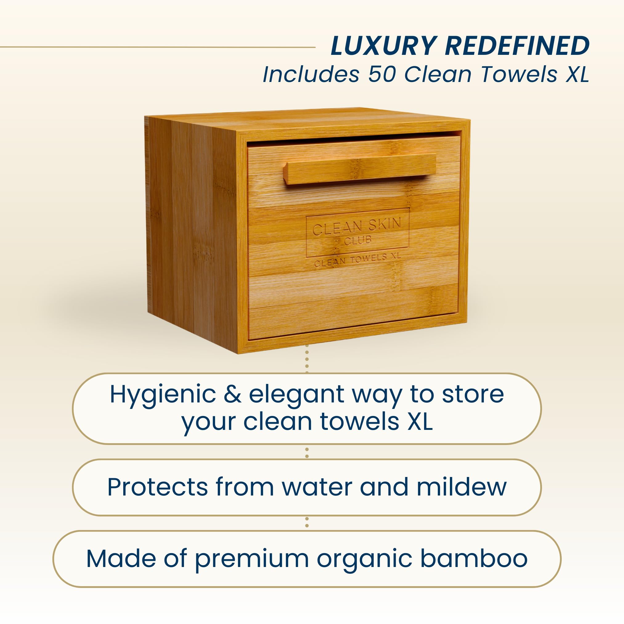 CLEAN SKIN CLUB drawer open with towels visible for quick one-handed dispensing benefit convenience